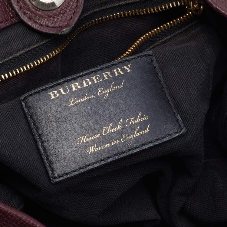 Pre Owned Burberry Burgundy/Beige Leather and House Check Canvas Small Bingley Bucket Bag