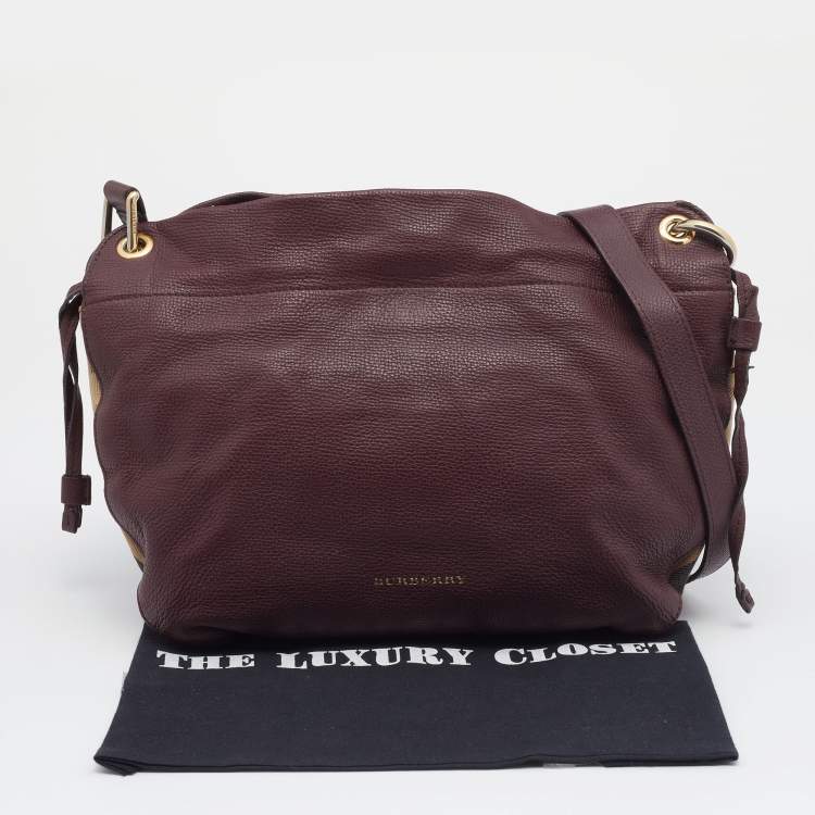 Pre Owned Burberry Burgundy/Beige Leather and House Check Canvas Small Bingley Bucket Bag
