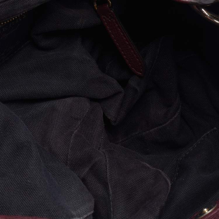 Pre Owned Burberry Burgundy/Beige Leather and House Check Canvas Small Bingley Bucket Bag