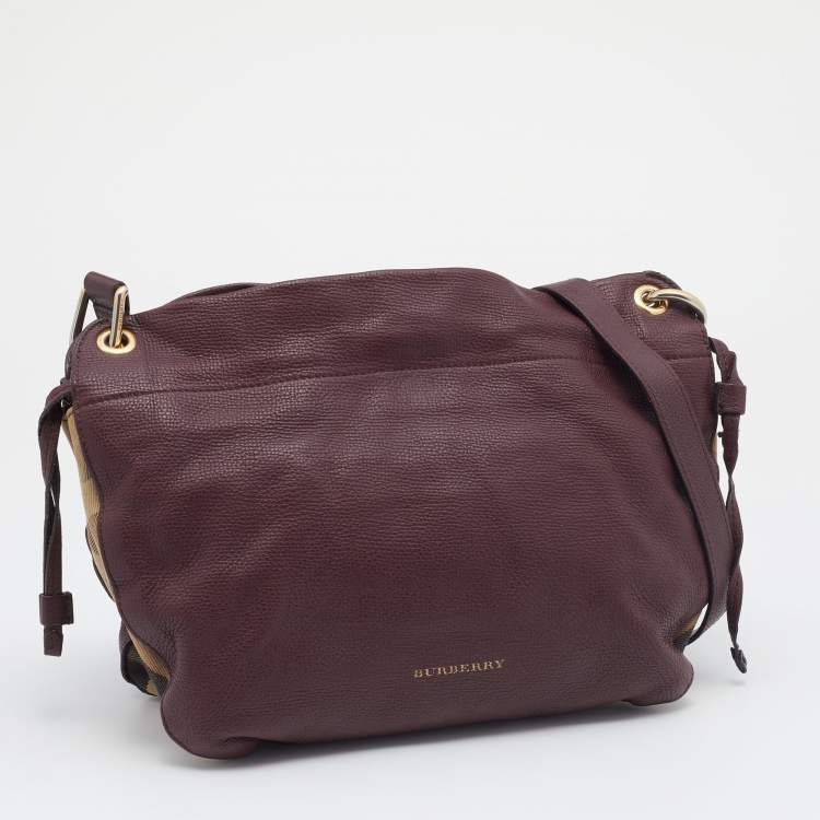 Pre Owned Burberry Burgundy/Beige Leather and House Check Canvas Small Bingley Bucket Bag