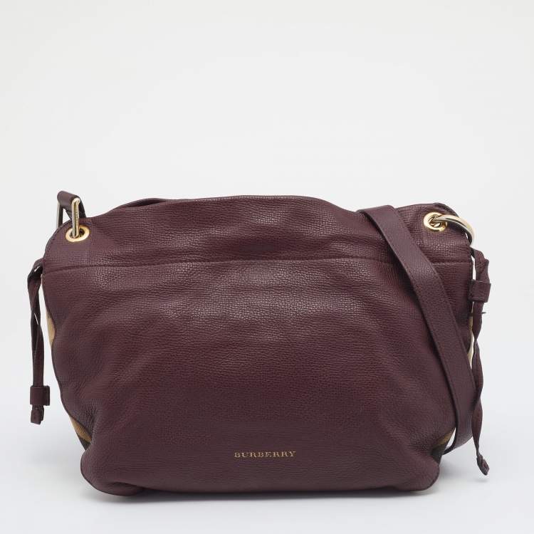 Pre Owned Burberry Burgundy/Beige Leather and House Check Canvas Small Bingley Bucket Bag