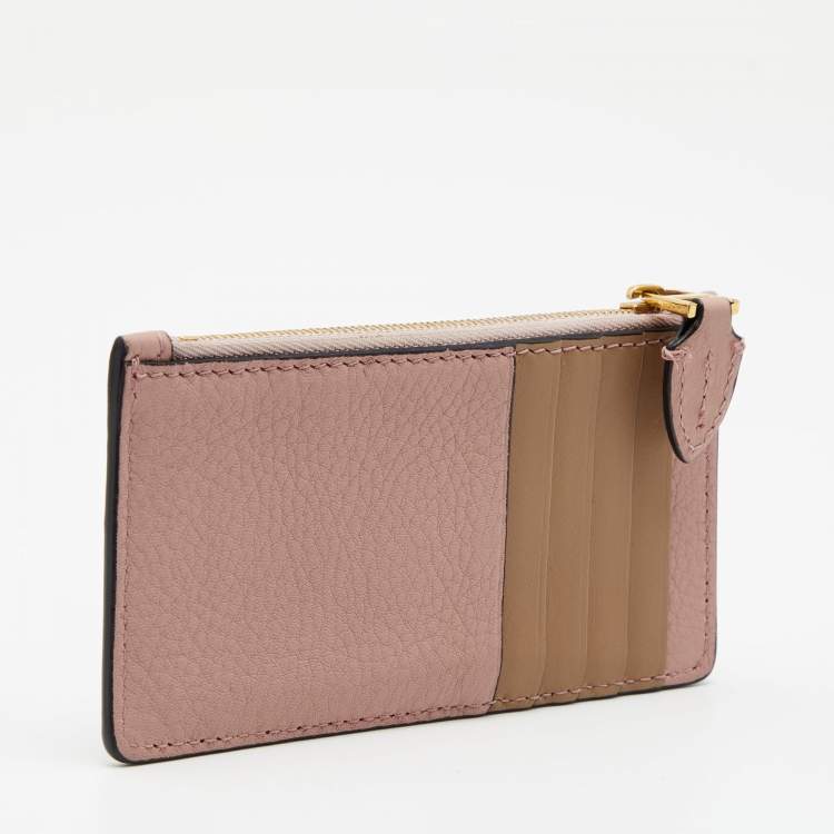 Pre Owned Burberry Pink/Beige Leather Zip Card Holder