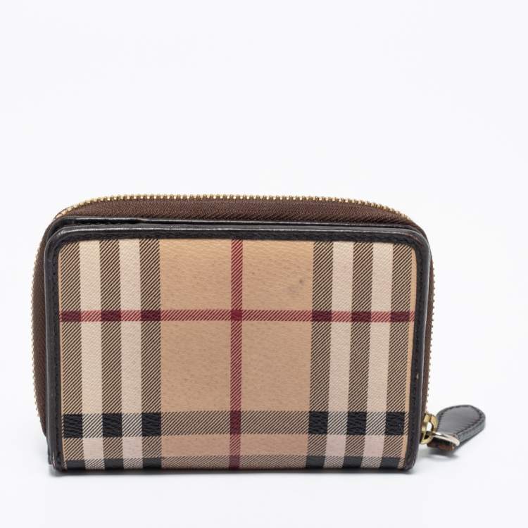 Pre Owned Burberry Beige/Brown Haymarket Check PVC and Leather Zip Around Wallet