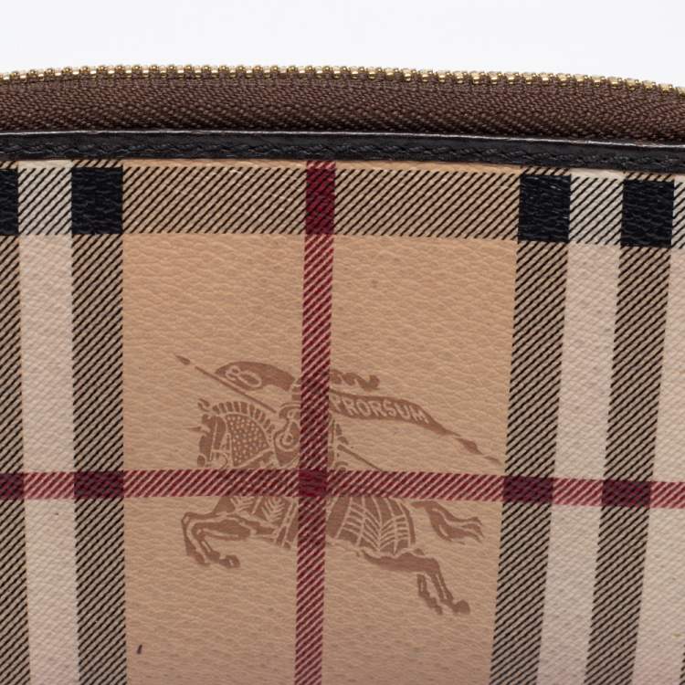 Pre Owned Burberry Beige/Brown Haymarket Check PVC and Leather Zip Around Wallet
