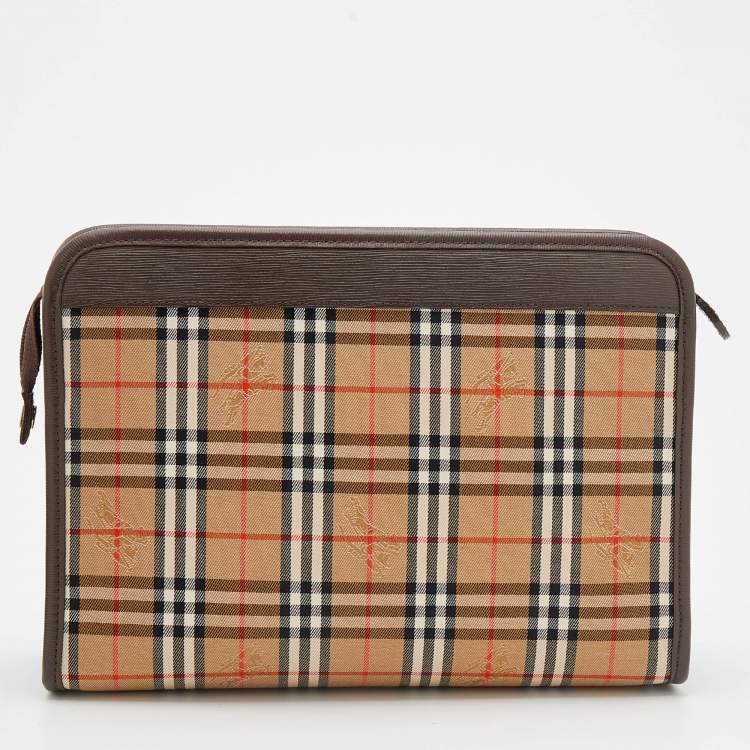 Pre Owned Burberry Beige/Brown Nova Check Canvas And Leather Toiletry Cosmetic Pouch