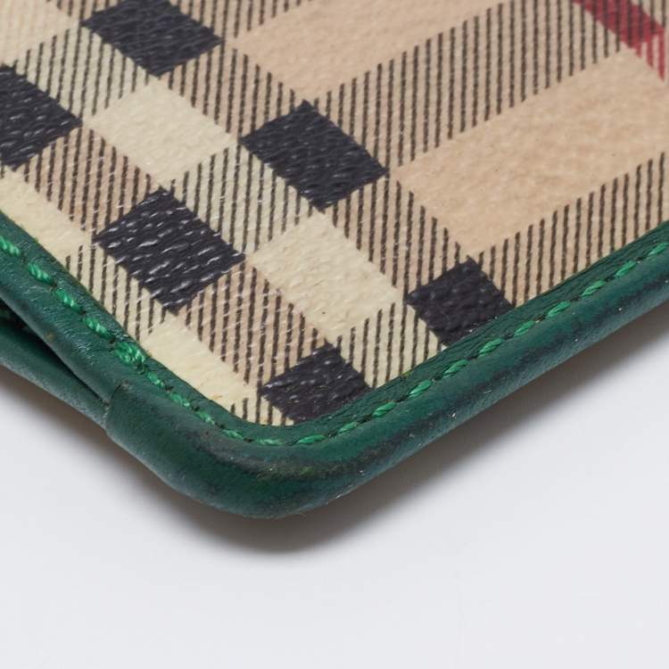 Pre Owned Burberry Beige/Green PVC and Leather Zip Card Holder