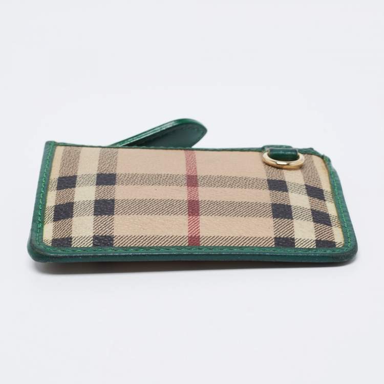 Pre Owned Burberry Beige/Green PVC and Leather Zip Card Holder