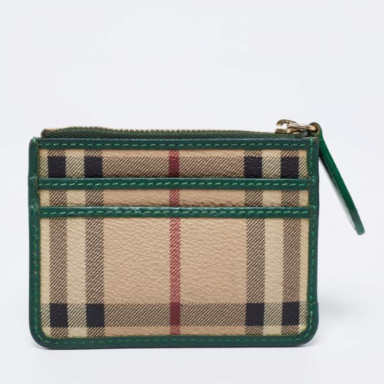 Pre Owned Burberry Beige/Green PVC and Leather Zip Card Holder