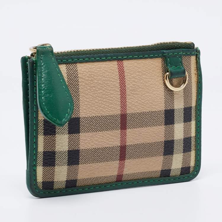 Pre Owned Burberry Beige/Green PVC and Leather Zip Card Holder
