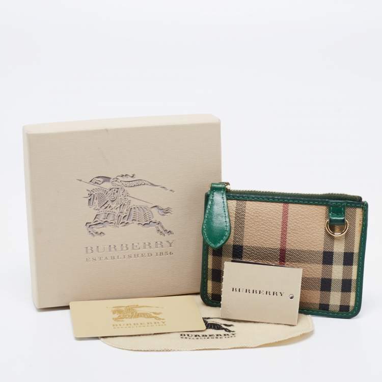 Pre Owned Burberry Beige/Green PVC and Leather Zip Card Holder