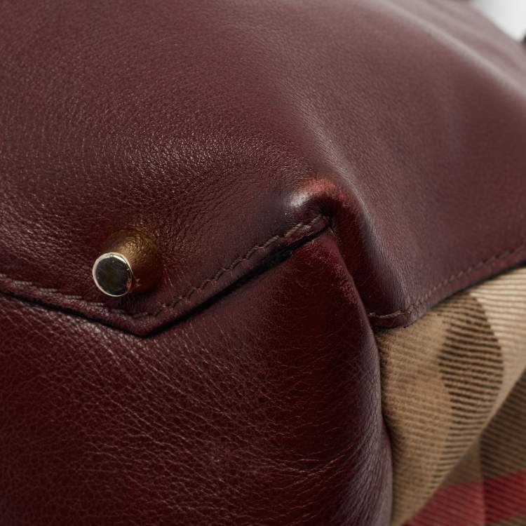 Pre Owned Burberry Burgundy Leather and House Check Canvas Medium Banner Tote