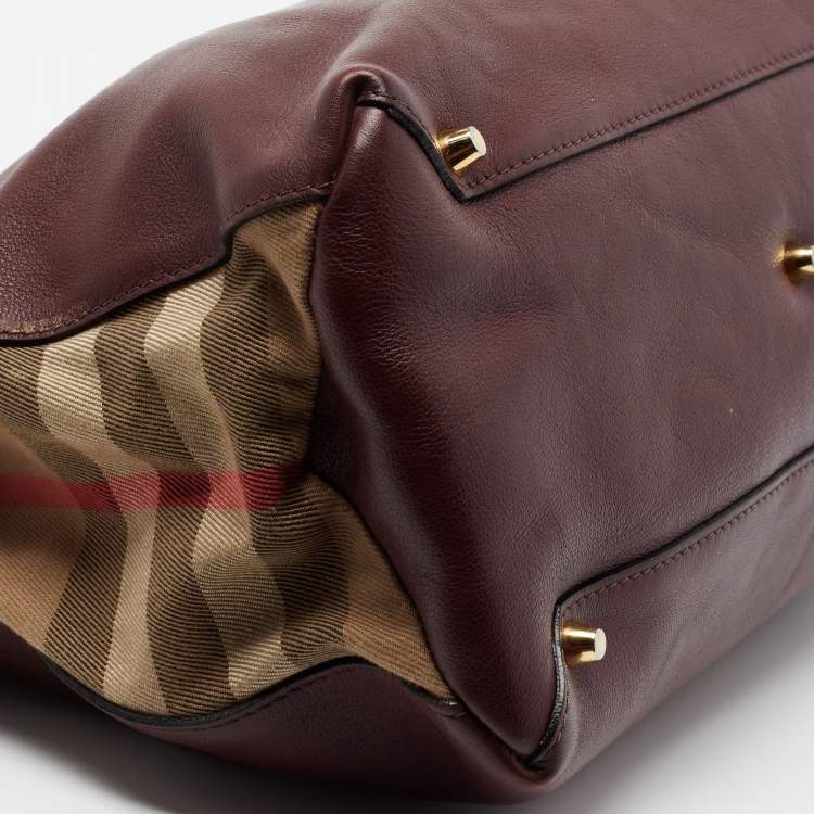 Pre Owned Burberry Burgundy Leather and House Check Canvas Medium Banner Tote