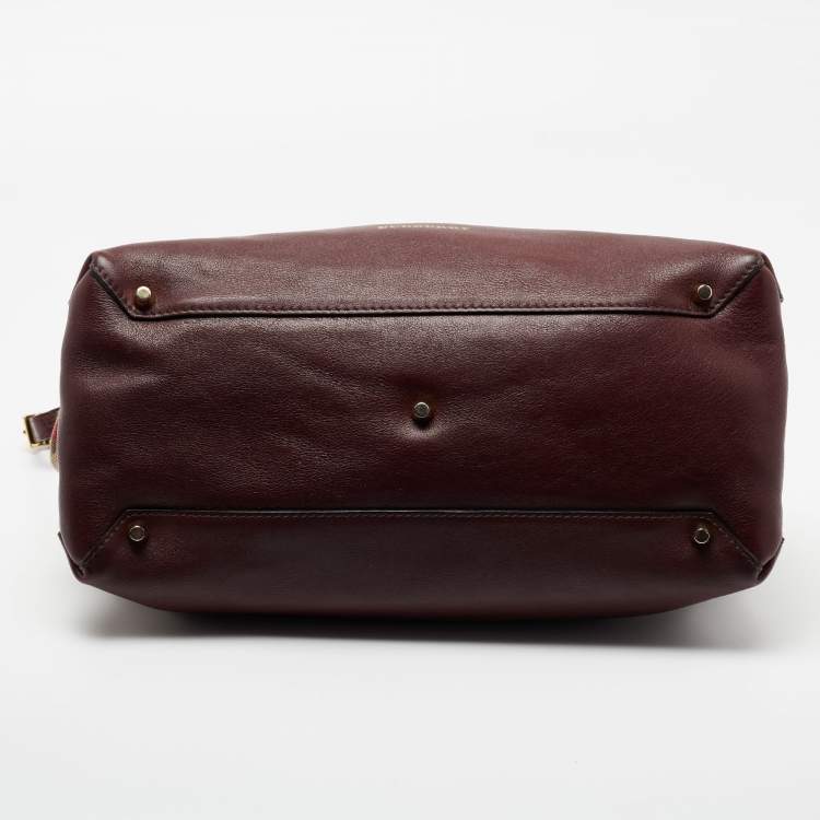 Pre Owned Burberry Burgundy Leather and House Check Canvas Medium Banner Tote