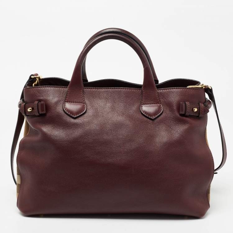 Pre Owned Burberry Burgundy Leather and House Check Canvas Medium Banner Tote