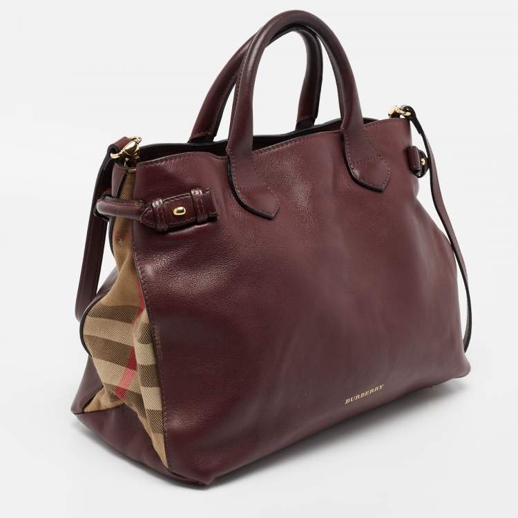 Pre Owned Burberry Burgundy Leather and House Check Canvas Medium Banner Tote