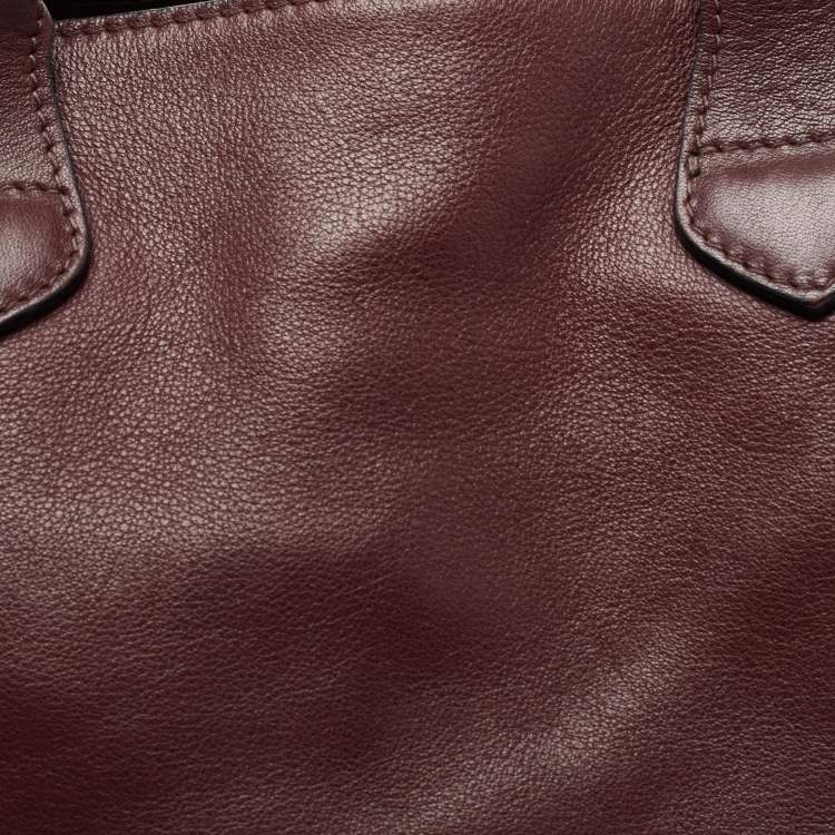 Pre Owned Burberry Burgundy Leather and House Check Canvas Medium Banner Tote