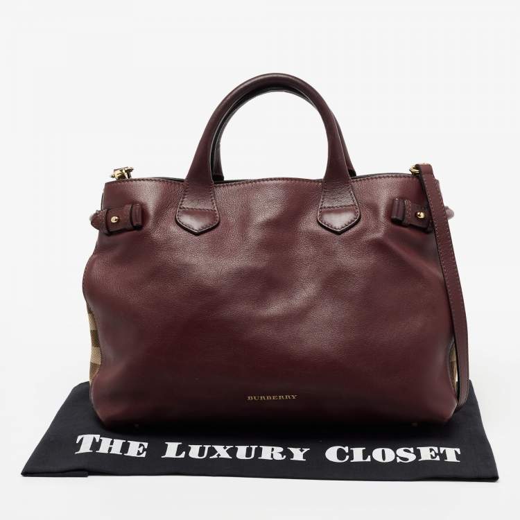 Pre Owned Burberry Burgundy Leather and House Check Canvas Medium Banner Tote