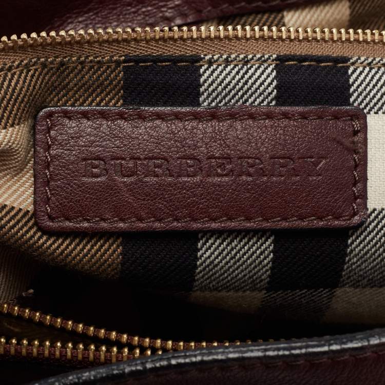 Pre Owned Burberry Burgundy Leather and House Check Canvas Medium Banner Tote