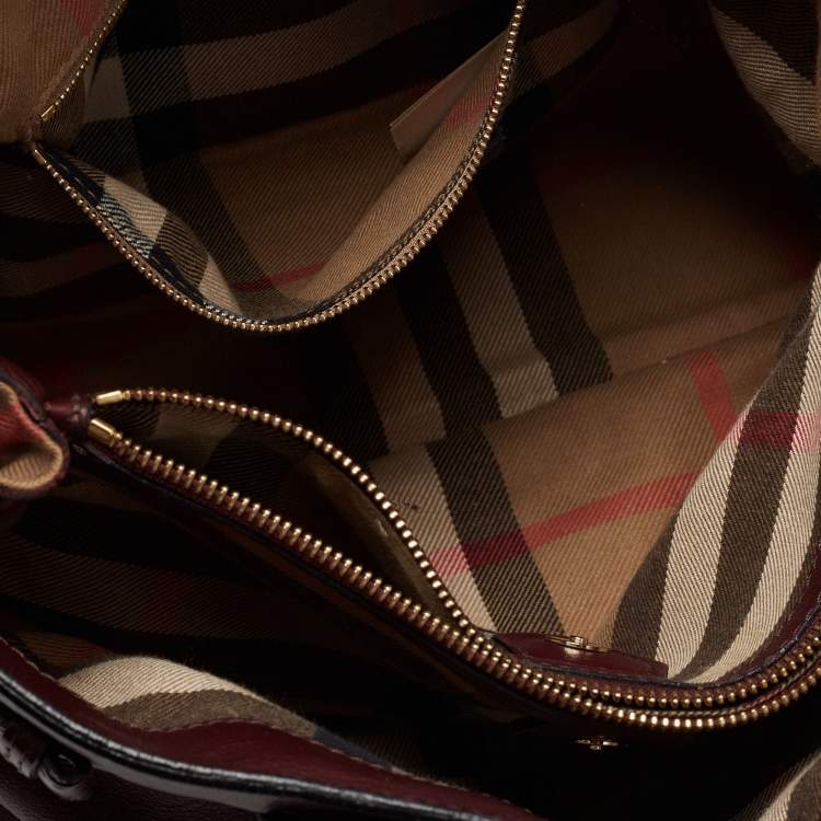 Pre Owned Burberry Burgundy Leather and House Check Canvas Medium Banner Tote