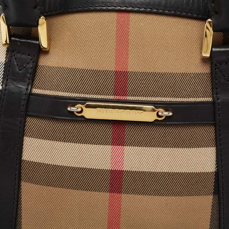 Pre Owned Burberry Beige/Black House Check Canvas And Leather Orchard Bowling Bag