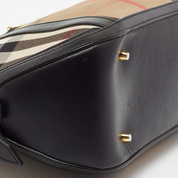 Pre Owned Burberry Beige/Black House Check Canvas And Leather Orchard Bowling Bag