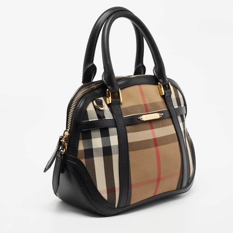 Pre Owned Burberry Beige/Black House Check Canvas And Leather Orchard Bowling Bag