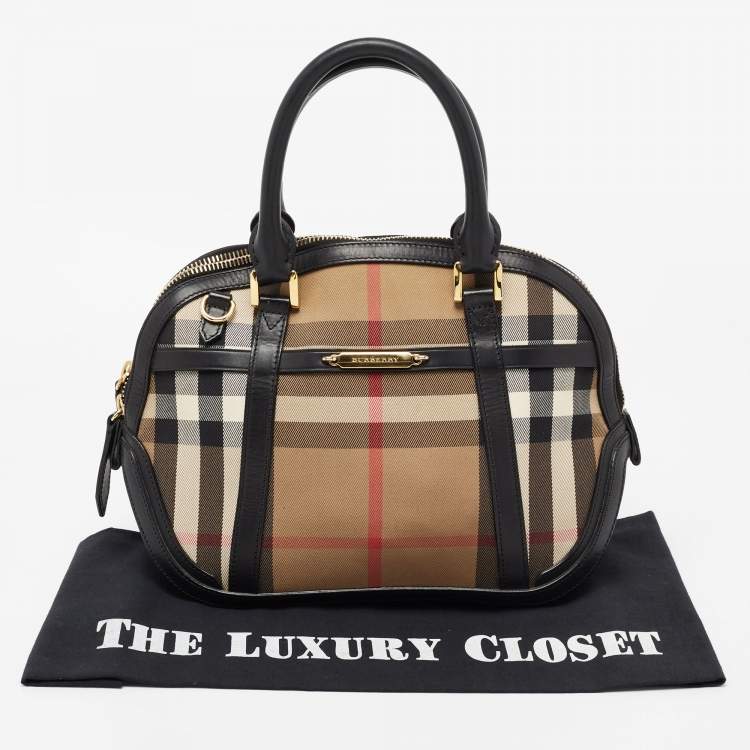 Pre Owned Burberry Beige/Black House Check Canvas And Leather Orchard Bowling Bag