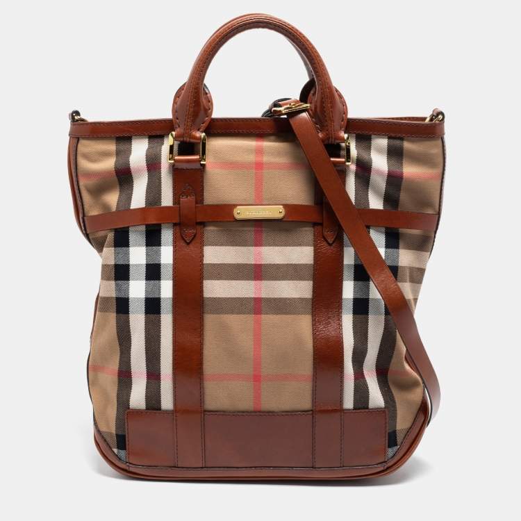 Burberry check canvas cheap and leather tote bag