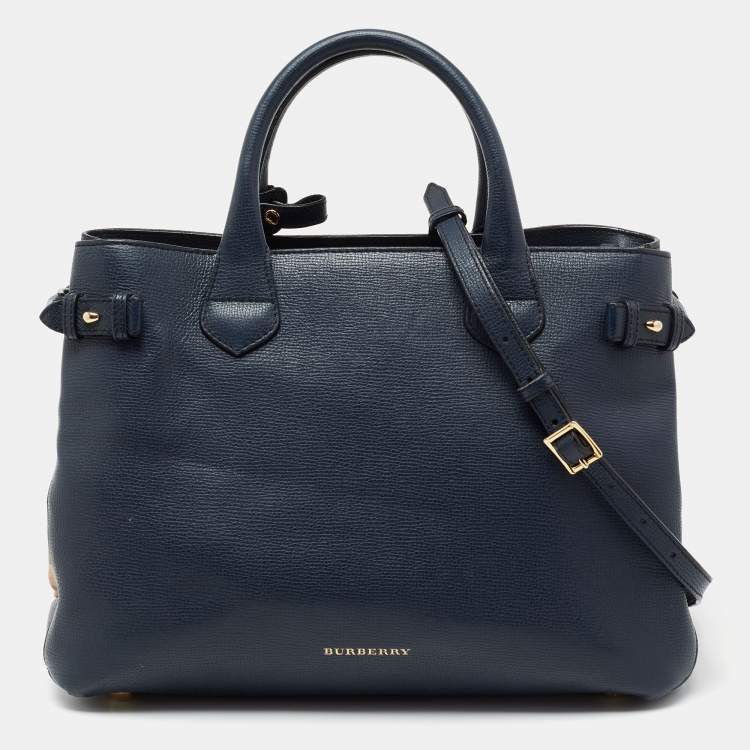 Burberry Blue Leather And House Check Canvas Medium Banner Tote ...