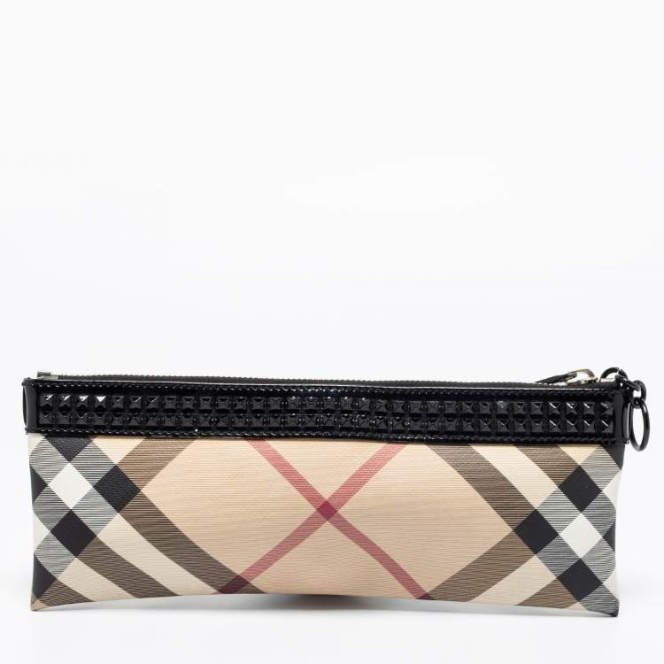 Pre Owned Burberry Beige/Black Nova Check PVC and Patent Leather Studded Wristlet Clutch