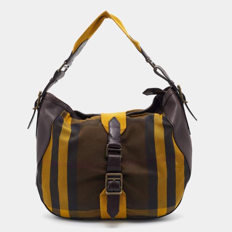 Pre Owned Burberry Brown/Yellow Vintage House Check Canvas and Leather Ashwood Hobo