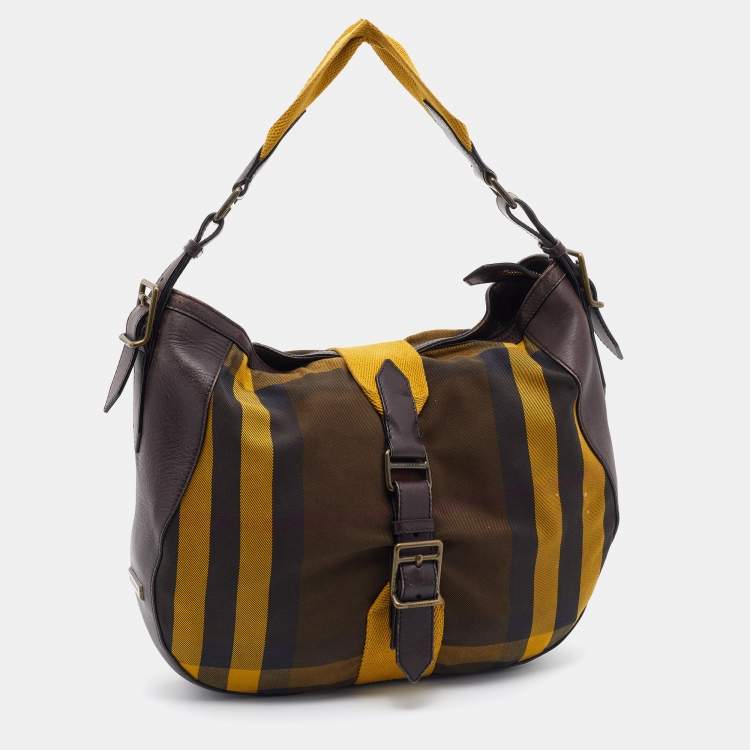 Pre Owned Burberry Brown/Yellow Vintage House Check Canvas and Leather Ashwood Hobo