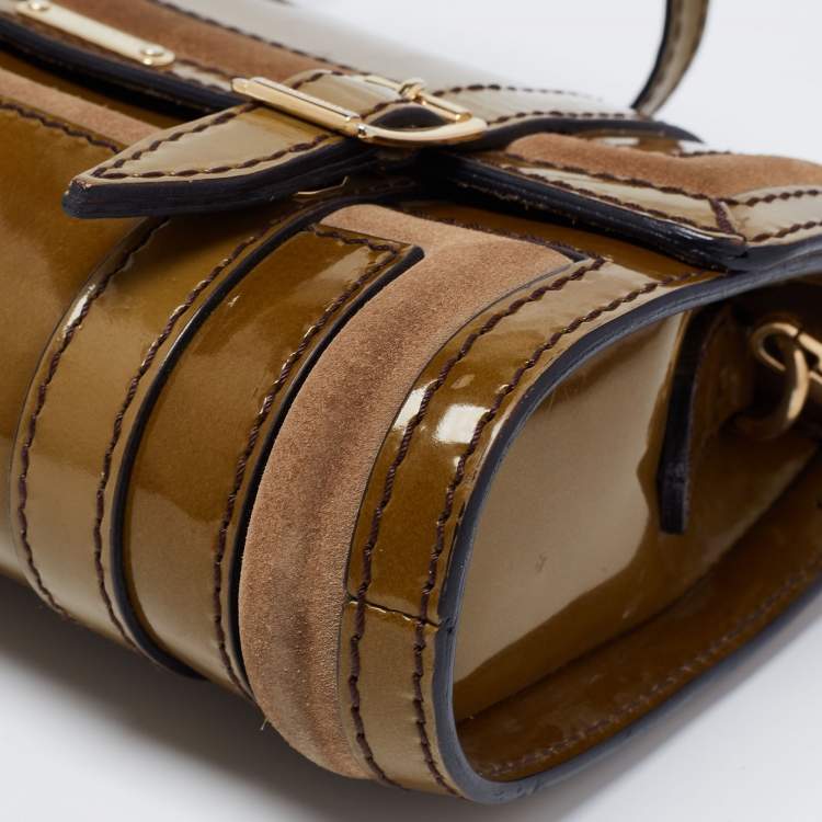 Pre Owned Burberry Olive Green Patent Leather And Suede Shoulder Bag