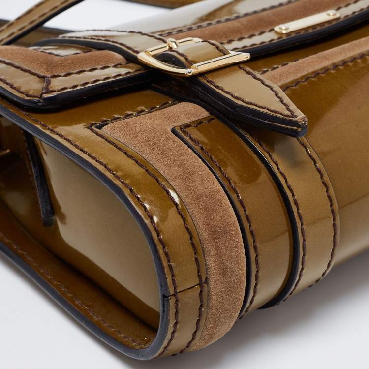 Pre Owned Burberry Olive Green Patent Leather And Suede Shoulder Bag