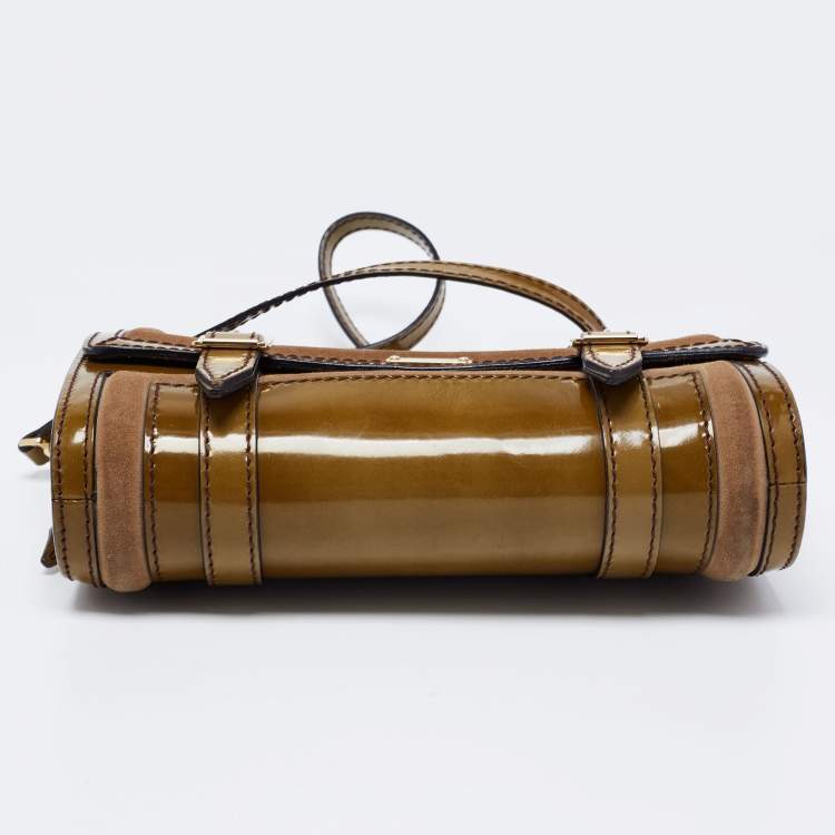 Pre Owned Burberry Olive Green Patent Leather And Suede Shoulder Bag