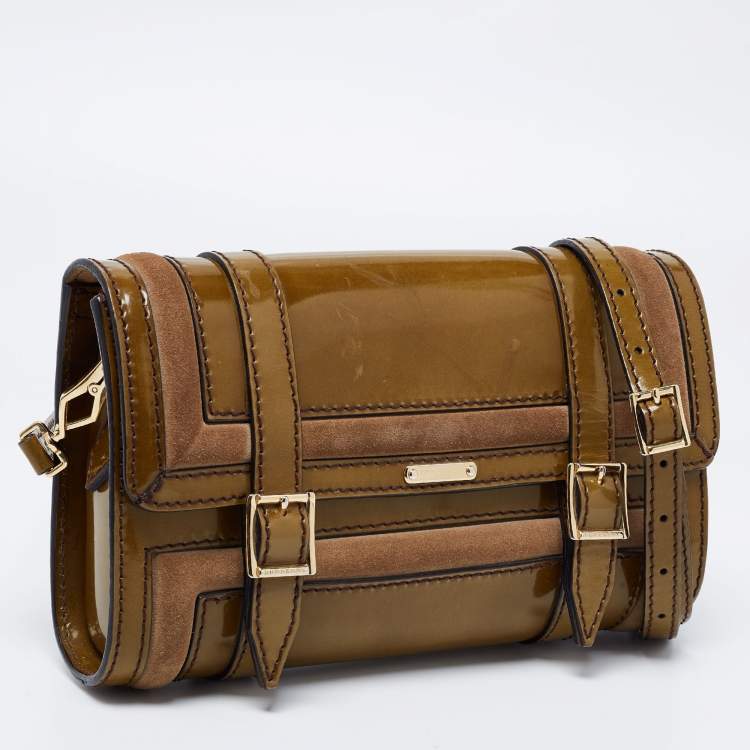 Pre Owned Burberry Olive Green Patent Leather And Suede Shoulder Bag