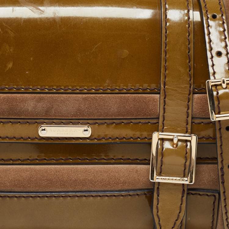Pre Owned Burberry Olive Green Patent Leather And Suede Shoulder Bag