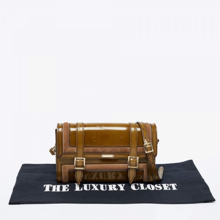 Pre Owned Burberry Olive Green Patent Leather And Suede Shoulder Bag