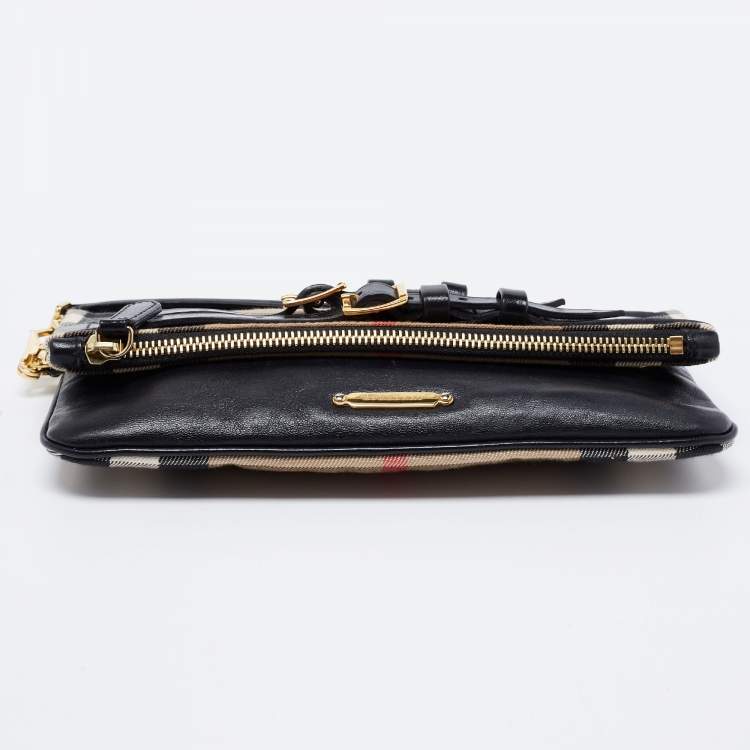Pre Owned Burberry Black House Check Canvas and Leather Adeline Fold Over Clutch