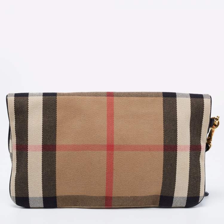 Pre Owned Burberry Black House Check Canvas and Leather Adeline Fold Over Clutch