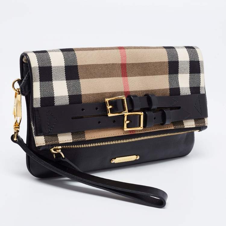 Pre Owned Burberry Black House Check Canvas and Leather Adeline Fold Over Clutch