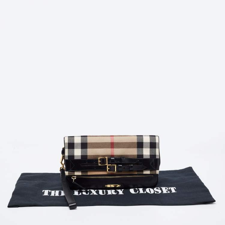 Pre Owned Burberry Black House Check Canvas and Leather Adeline Fold Over Clutch