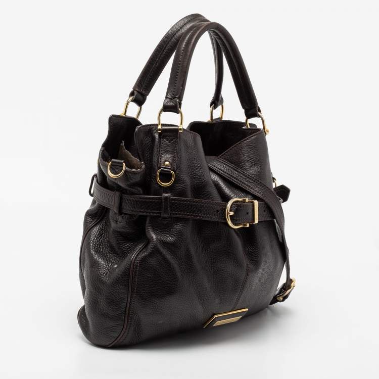 Pre Owned Burberry Dark Brown Pebbled Leather Belted Tote