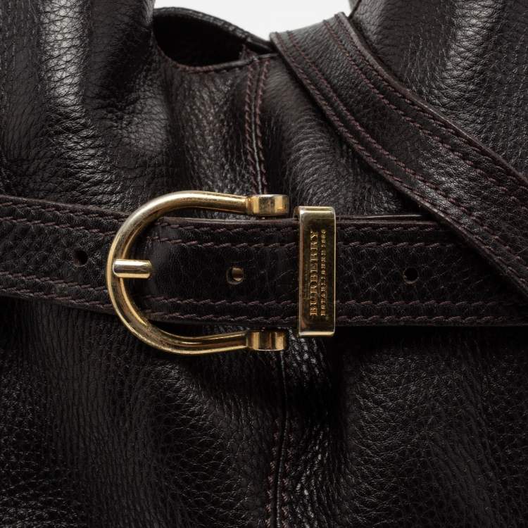 Pre Owned Burberry Dark Brown Pebbled Leather Belted Tote