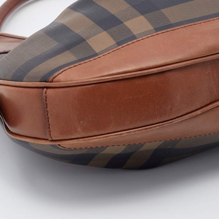 Pre Owned Burberry Brown Smoked Check PVC and Leather Brooklyn Hobo