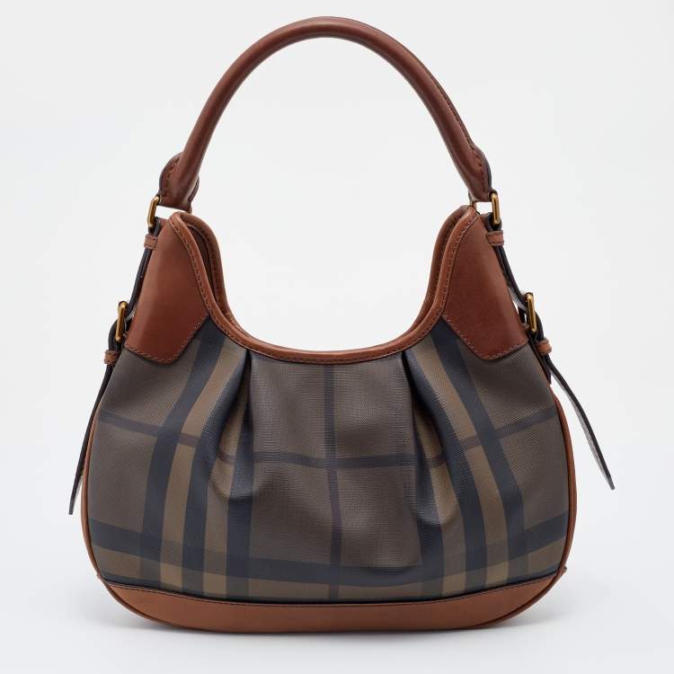 Pre Owned Burberry Brown Smoked Check PVC and Leather Brooklyn Hobo