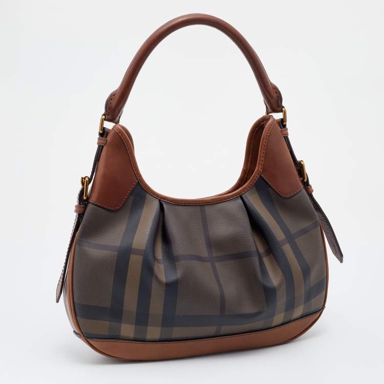 Pre Owned Burberry Brown Smoked Check PVC and Leather Brooklyn Hobo
