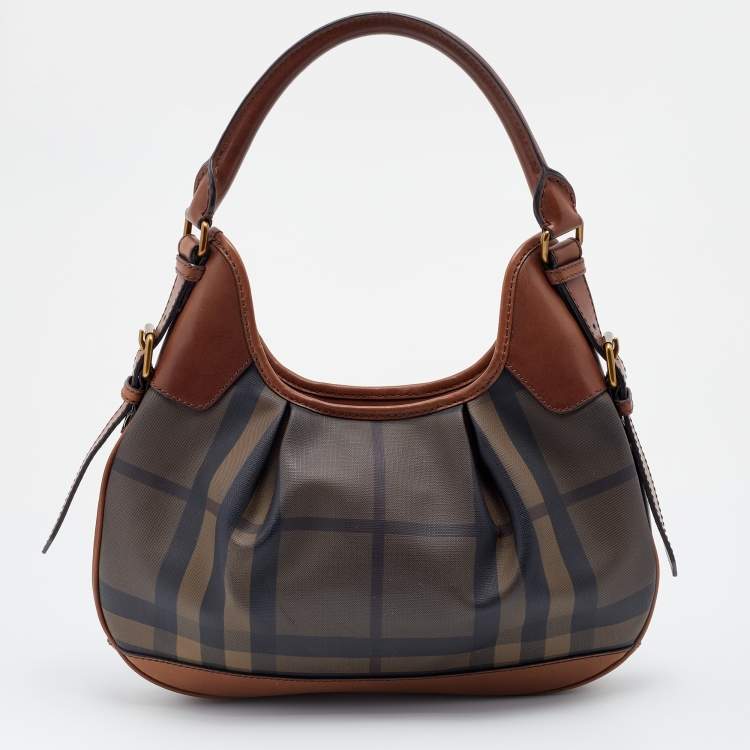 Pre Owned Burberry Brown Smoked Check PVC and Leather Brooklyn Hobo