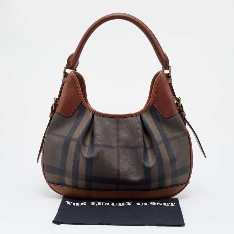 Pre Owned Burberry Brown Smoked Check PVC and Leather Brooklyn Hobo