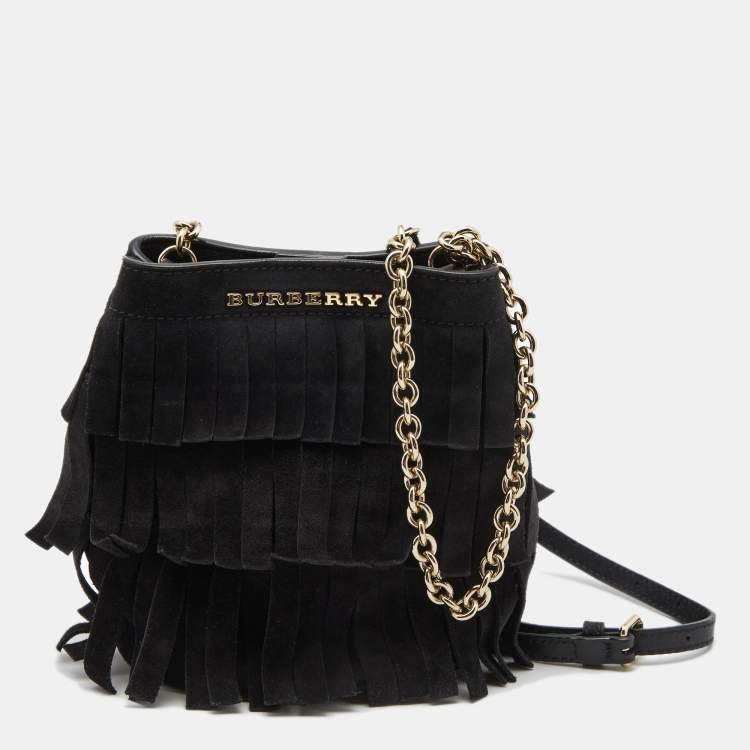 Pre Owned Burberry Black Suede Mini Fringe Bucket Bag